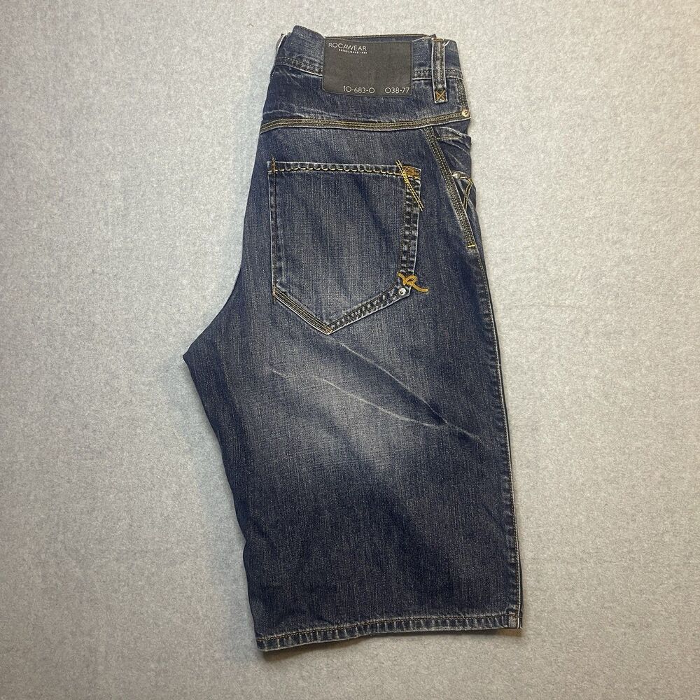 Y2K Rocawear Men's Blue Denim Shorts Regular Fit Cotton Embroidered Logo Jay Z